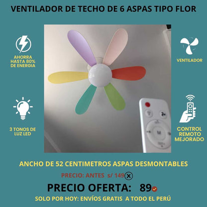 Ventilador De Techo De 6 Aspas Tipo Flor Con Luz Led